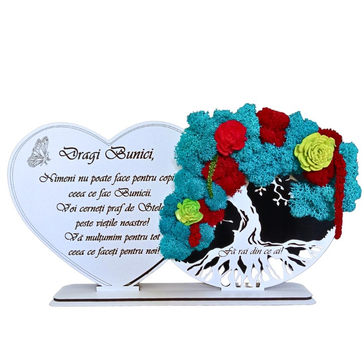 Decoratiune Copacul Vietii cu Inima personalizata cu mesaj gravat pentru "Dragi Bunici", decorata cu licheni stabilizati naturali si flori decorative, cadou pentru bunici, dimensiune 30x16cm, Alb
