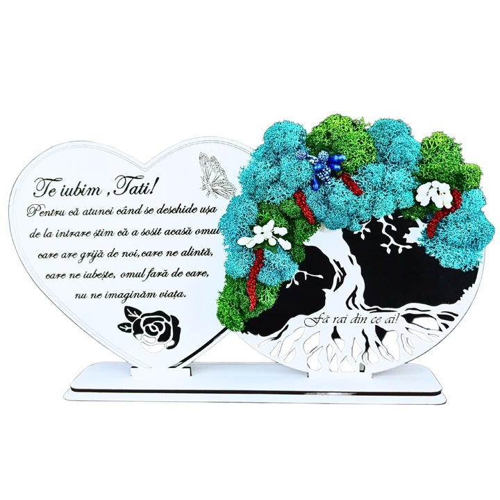 Decoratiune Copacul Vietii cu Inima personalizata cu mesaj gravat Te iubim, Tati!, decorata cu licheni stabilizati naturali si flori decorative, cadou pentru tata, dimensiune 30x16cm, Alb