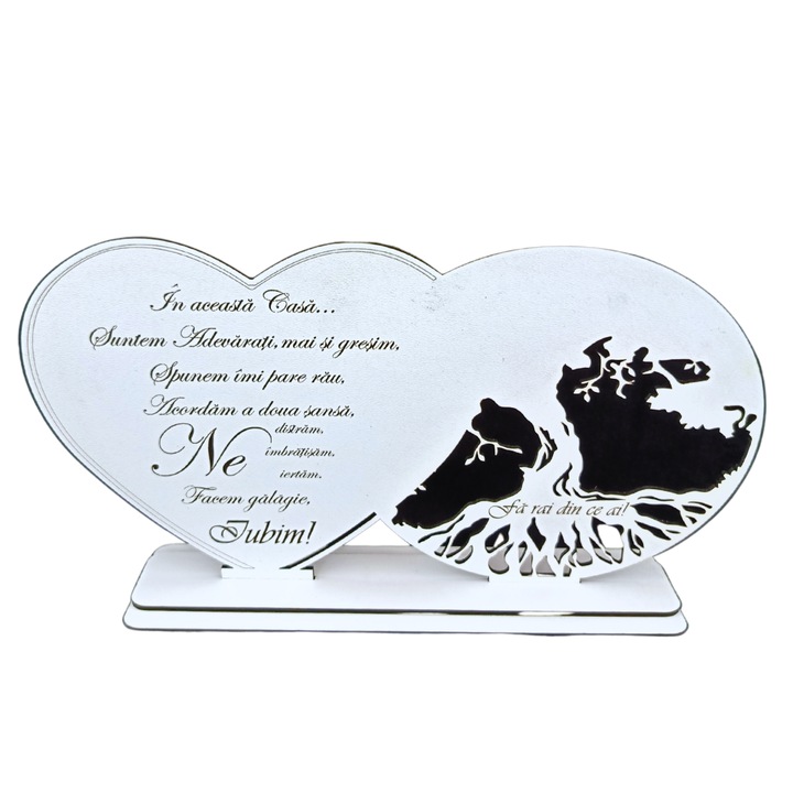 Decoratiuni blank inima copacul vietii, personalizata cu mesaj standard pentru familie, fini, casa, baza cu suport din lemn, Alb, 30X16cm