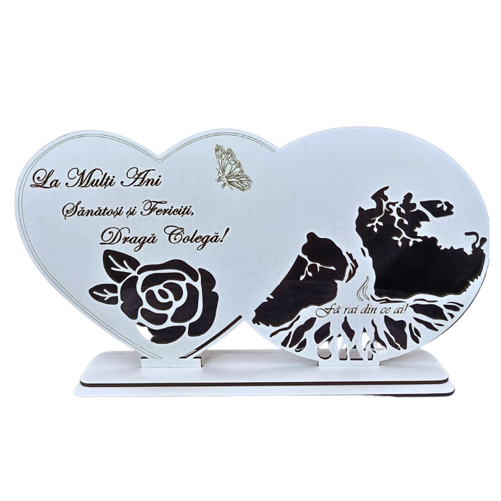 Decoratiuni blank inima copacul vietii, personalizata cu mesaj standard pentru colega, "La multi ani!", baza cu suport din lemn, Alb, 30X16cm