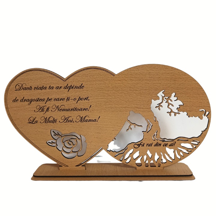 Decoratiuni blank inima copacul vietii, personalizata "La multi ani, mama!", baza cu suport din lemn, maro, 30X16cm