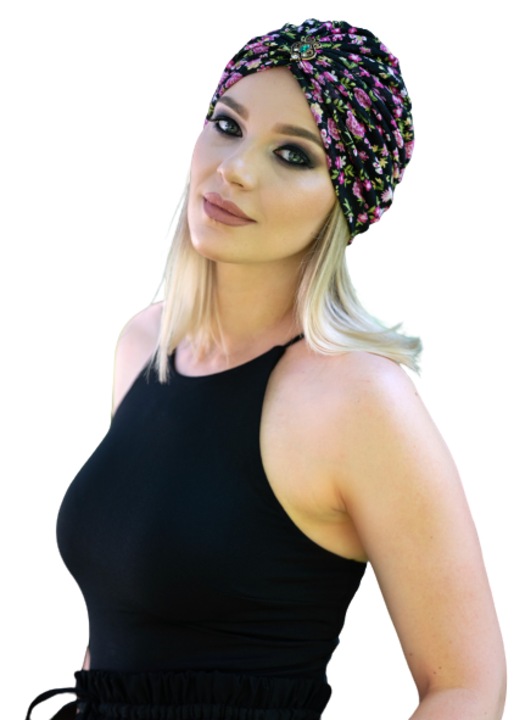 Turban dama negru cu flori, subtire, 54-57 CM