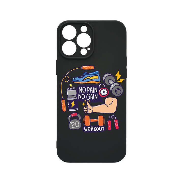 Husa BestCase® Premium Liquid Silicon, Compatibila Cu Apple iPhone 14 Pro, No Pain No Gain, SLIM 1.2MM, Microfibra in interior, Antisoc, Protectie Camera, Margini ridicate pentru protectia ecranului, PB 783