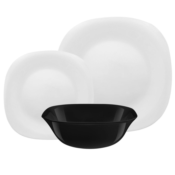 Set de cina VELVET 18 bucati/6 persoane, Sticla opal, Alb/Negru
