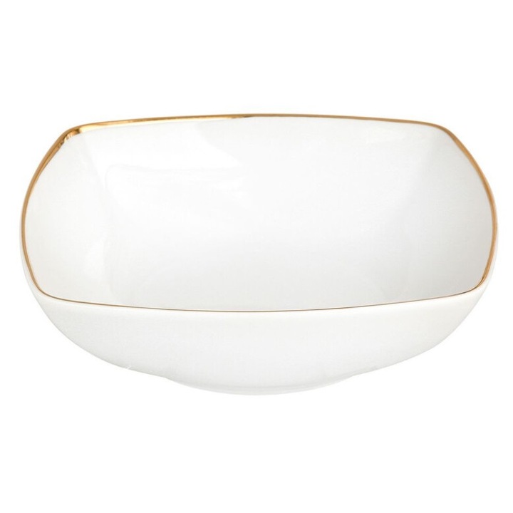 Farfurie adanca patrata MariaPaula, 20,5 cm, portelan alb, decorata cu aur