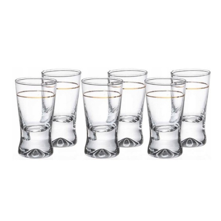 Set 6 pahare pentru shot, Tadar, Sticla, 6.8 cm, 25 ml, Transparent/Auriu