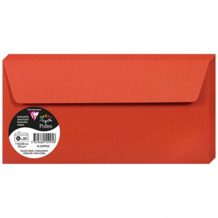 Комплект от 20 плика Pollen, Clairefontaine, 120 гр, DL, 110x220 мм, Коралово червено
