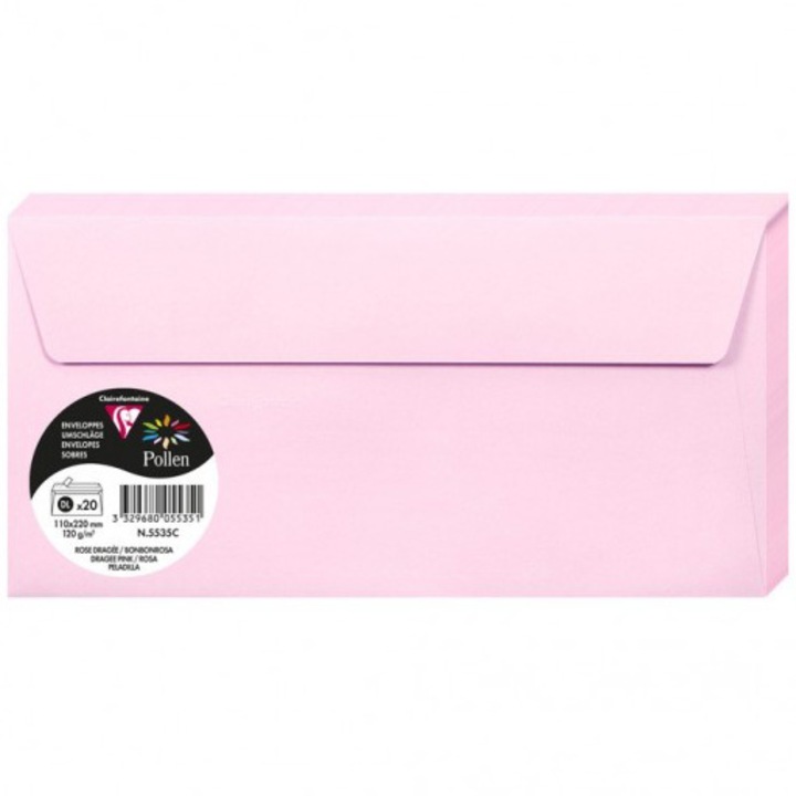Комплект от 20 плика Pollen, Clairefontaine, 120 гр, DL, 110x220 мм, Candy pink
