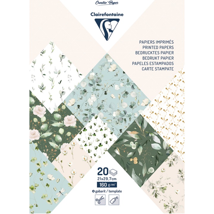 Комплект 20 листа хартия A4 Clairefontaine, 160 гр/м2, 10 модела + 1 креативен шаблон, Romantic
