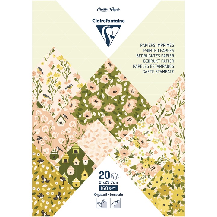 Clairefontaine A4-es papír készlet, 160g/m2, 10 terv + 1 kreatív sablon, Tavasz, 20 lap
