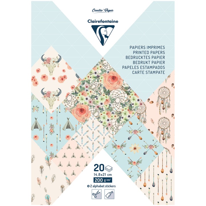 Set 20 coli hartie A5 Clairefontaine, 200g/mp, 10 modele + 1 coli de abtibilduri cu alfabet, Boheme chic
