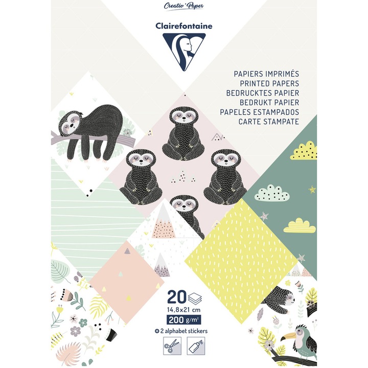 Set 20 coli hartie A5 Clairefontaine, 200g/mp, 10 modele + 1 coli de abtibilduri cu alfabet, Sloth