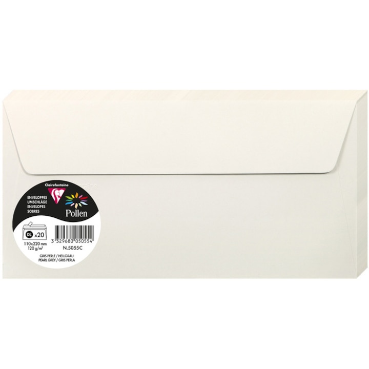 Пакет 20 плика Pollen envelopes Clairefontaine, 120 гр, DL, 110x220мм, Pearl grey