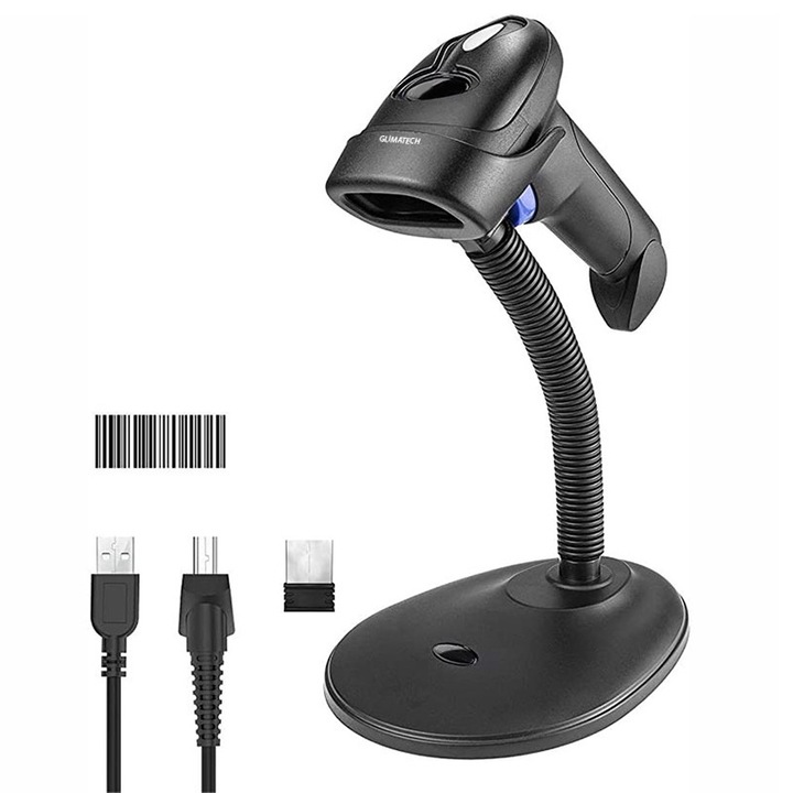 Scanner/Cititor coduri de bare GLIMATECH, 2.4 GHz, 1D Wireless cu laser, Portabil, Reincarcabil USB, Acumulator Li-ion 18650, Negru