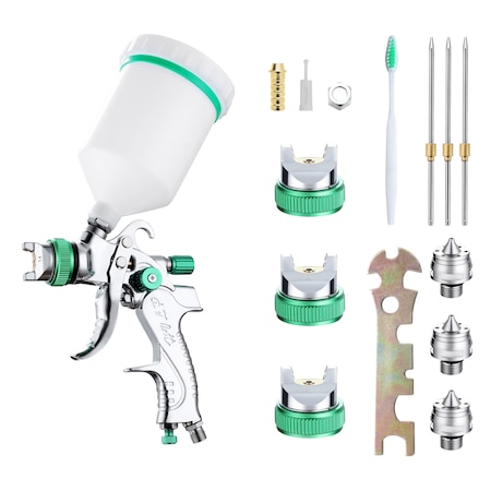 Set pistol de vopsit universal HVLP, Zggzerg, cu 3x duza 1.4 1.7 2.0 mm, Flux si latime de pulverizare reglabile, Pentru grunduri auto, pulverizarea suprafetelor de mobilier, vopsea de perete, Argintiu/Verde