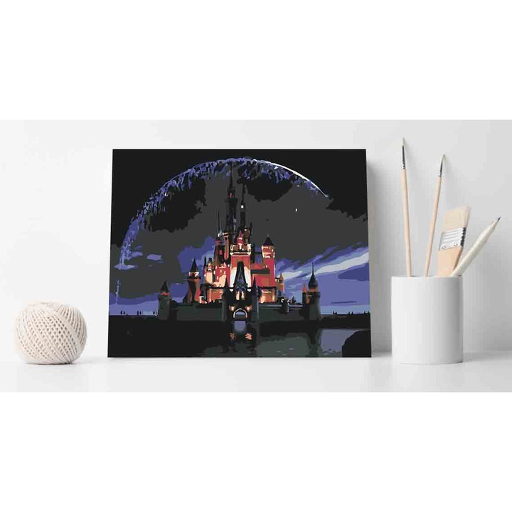 Комплект Дисни магически замък за рисуване по номера 3557, памучно платно върху дървена рамка, 80x100 см, скица, 3 четки и акрилна боя