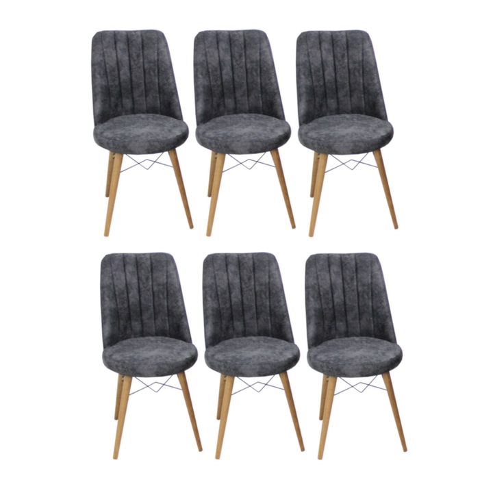 Set 6 scaune Apollo, cadru din metal, picioare de lemn, tapiterie din material textil catifelat, gri inchis, 90x46x41 cm