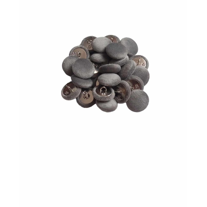 Set 25 nasturi metalici cu picior rotunzi, imbracati in catifea gri inchis mat 2 cm marimea 32