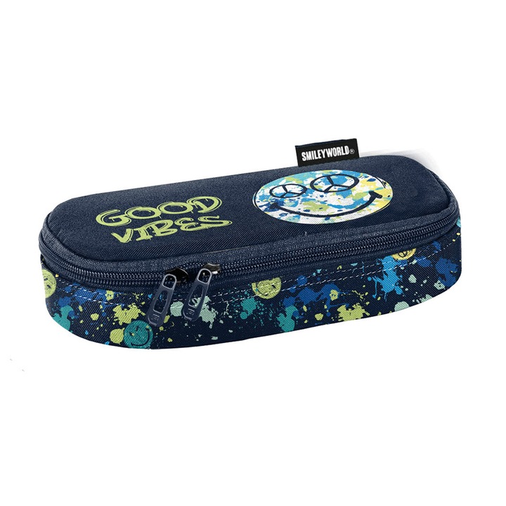 Etui BeUniq SmileyWorld, unisex, albastru, 23x10x6cm, compartiment principal spatios