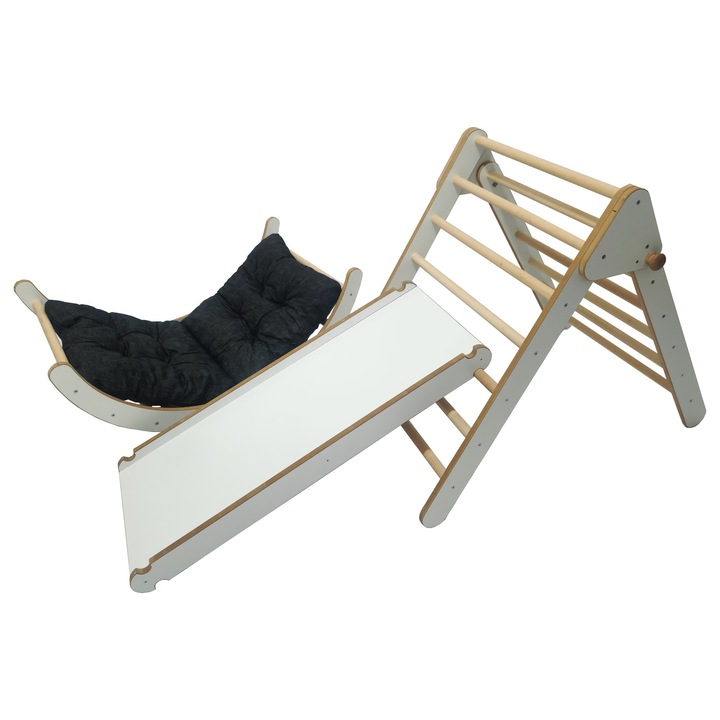 Комплект 4в1 Pikler сгъваем триъгълник за катерене, рампа/пързалка, полукръг, черна възглавница, Монтесори играчки