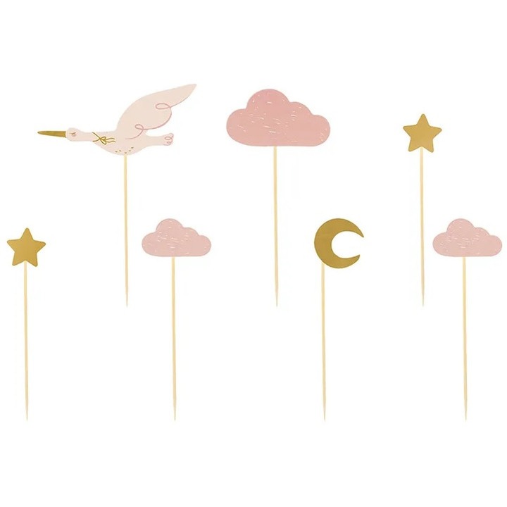 Комплект от 7 декорации за кексчета, PartyDeco, 11см-12см, розов / златист цвят