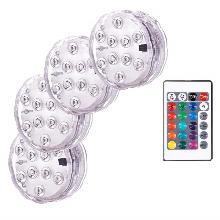 Set 4 lumini subacvatice LED, JENUOS®, 10 becuri LED, rezistenta la apa IP68, cu telecomanda, potrivite pentru piscina, jacuzzi si acvariu, diametru 7cm