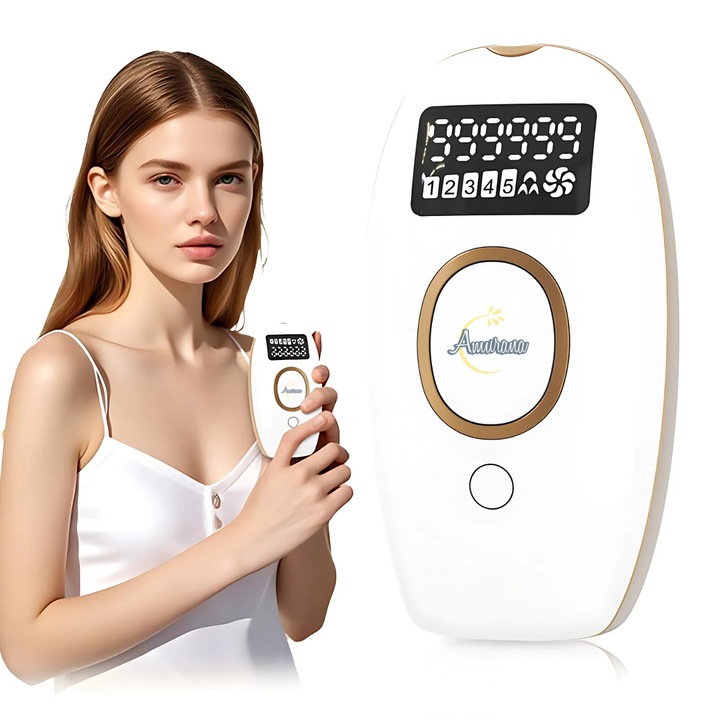 Epilator IPL Amurana, 999.999 pulsatii, Lampa quartz, Display LCD, Mod manual & automat, 5 niveluri intensitate raportate la nuanta pielii, Epilare definitiva, Fara durere, Intinerire piele corp, Brate, Picioare, Fata, Axile, Inghinal, Unisex, Alb perlat
