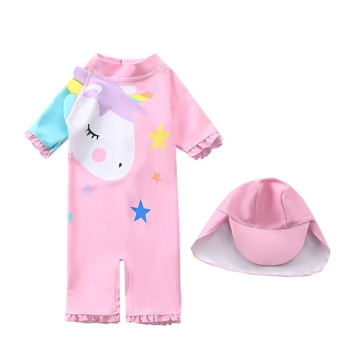 Costum de baie cu palarie, maneca 3/4, fete, 80-90 cm, roz, ponei