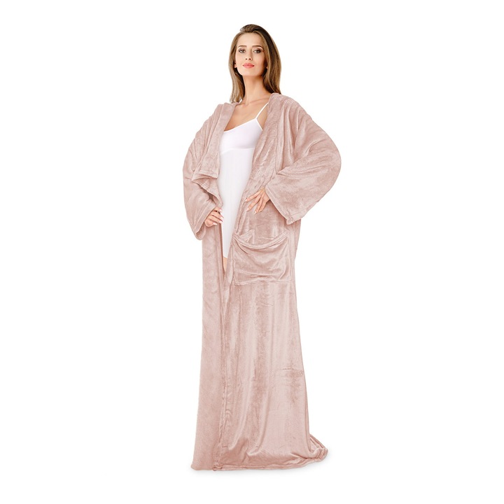 Patura cu maneci Bingie, Spod Igly i Nitki, Microfibra, 150 x 180 cm, Roz pudrat