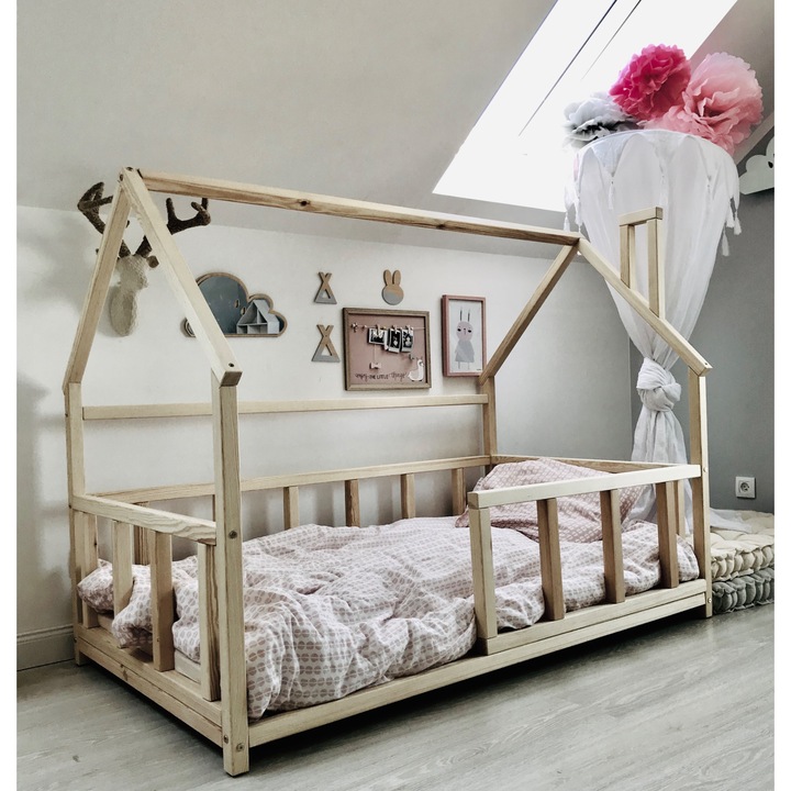 Pat de copii, Lemn, 98x168cm, Maro