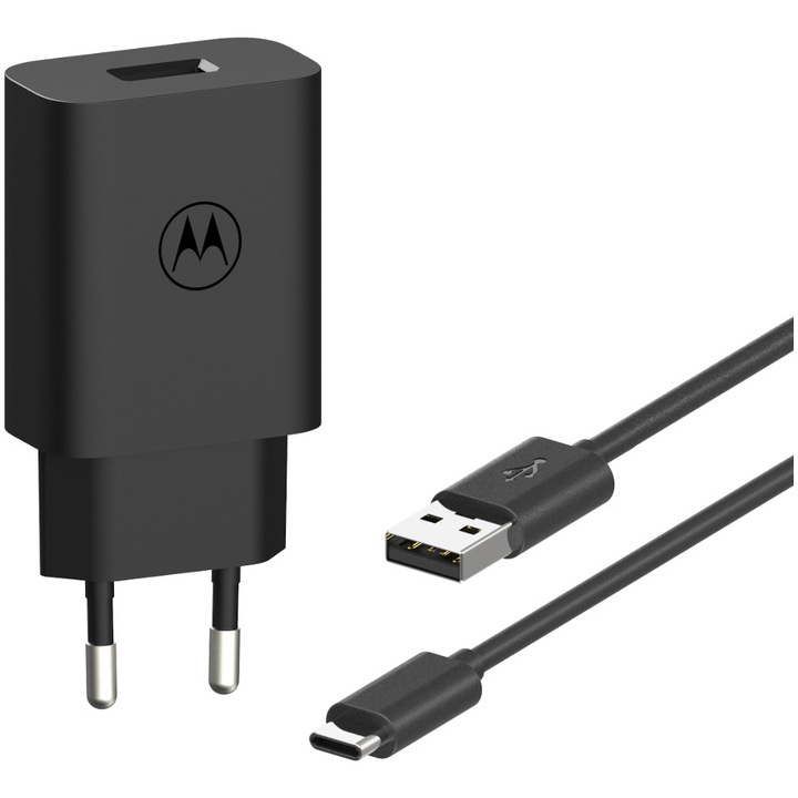 Мрежово зарядно устройство Motorola TurboPower 20W, Port USB-A, Включен кабел USB Type-C (1 м), Черен