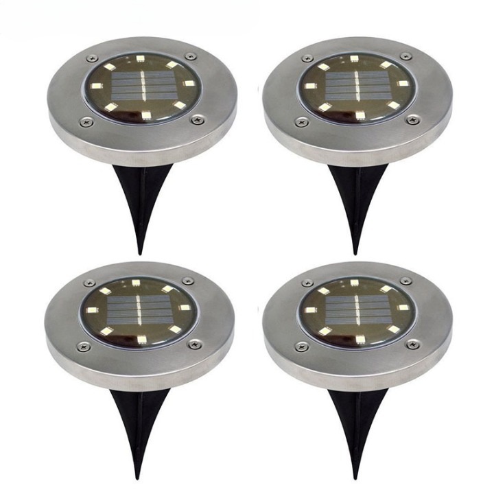 Set 4 lampi solare de gradina, 8 leduri colorate, iluminare automata, otel inoxidabil IP 65, baterie 600mAh, 5 W, panou siliciu monocristalin, 12*12*1,5 cm, gri