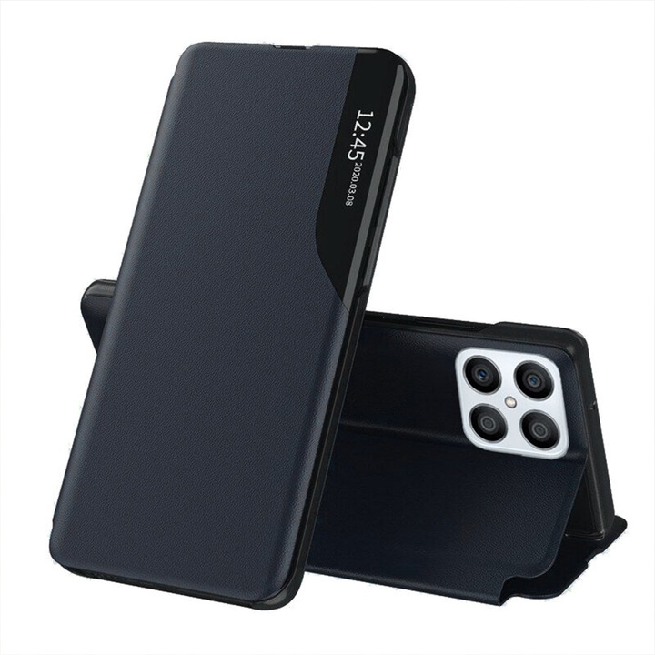 Bőr kihajtható tok Honor 70 Lite 5G telefonhoz, egyedi kialakítás, egyedi S-View, Optim Close, Smart Stand, sötétkék