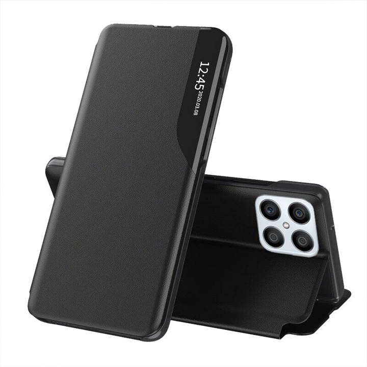 Optim Solution Bőr kihajtható tok Honor 70 Lite 5G telefonhoz, egyedi S-View kialakítás, elegáns kivitelezés, fekete