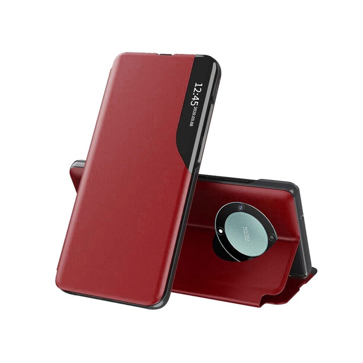 Bőr kihajtható tok Honor Magic5 Lite készülékhez, egyedi kialakítás, egyedi S-View, Optim Close, Smart Stand, piros