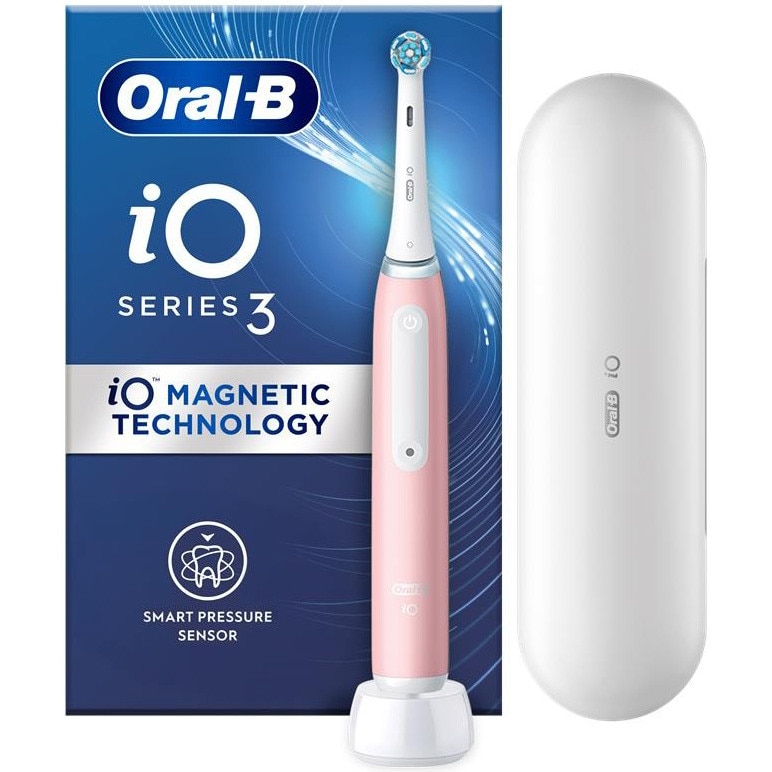 Periuta de dinti electrica Oral-B iO 3, cu Tehnologie Magnetica si Micro-Vibratii, Senzor de presiune Smart, 3 moduri, 1 capat, Trusa de calatorie, Roz