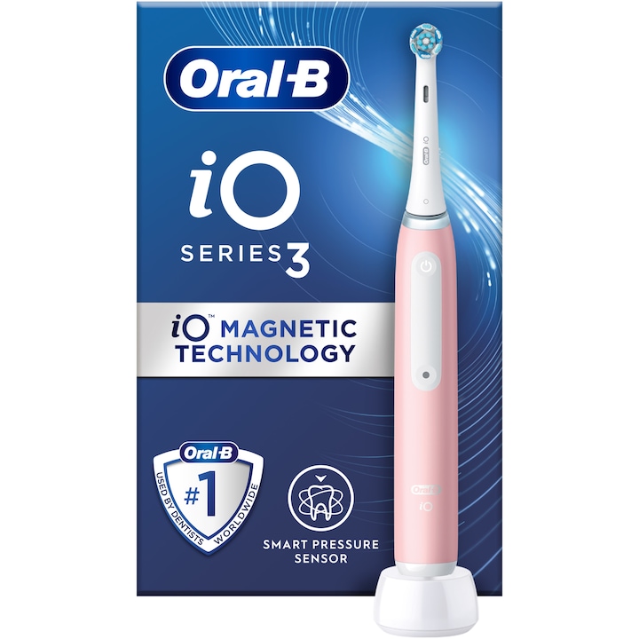Електрическа четка за зъби Oral-B iO3, С магнитна технология и микровибрации, Сензор за натиск Smart, 3 режима, 1 накрайник, Розов