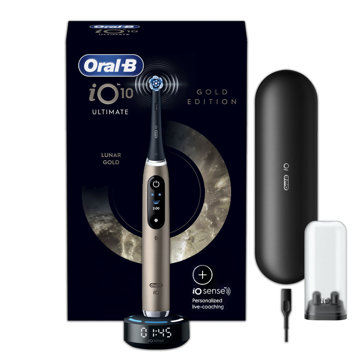Periuta de dinti electrica Oral-B iO10 Lunar Gold, 1 Capat de Periaj Ultimate Clean, 1 incarcator Magnetic Rapid cu iO Sense Cleaning Coach, 1 Husa de Calatorie pentru incarcare, 1