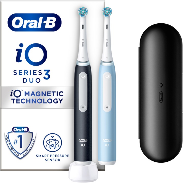Set 2 x Periuta de dinti electrica Oral-B iO3 cu Tehnologie Magnetica si Micro-Vibratii, Senzor de presiune Smart, 3 moduri, 2 capete, Trusa de calatorie, Negru/Albastru