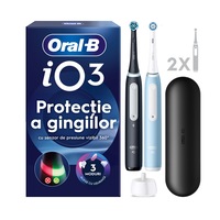 Set 2 x Periuta de dinti electrica Oral-B iO3 cu Tehnologie Magnetica si Micro-Vibratii, Senzor de presiune Smart, 3 moduri, 2 capete, Trusa de calatorie, Negru/Albastru