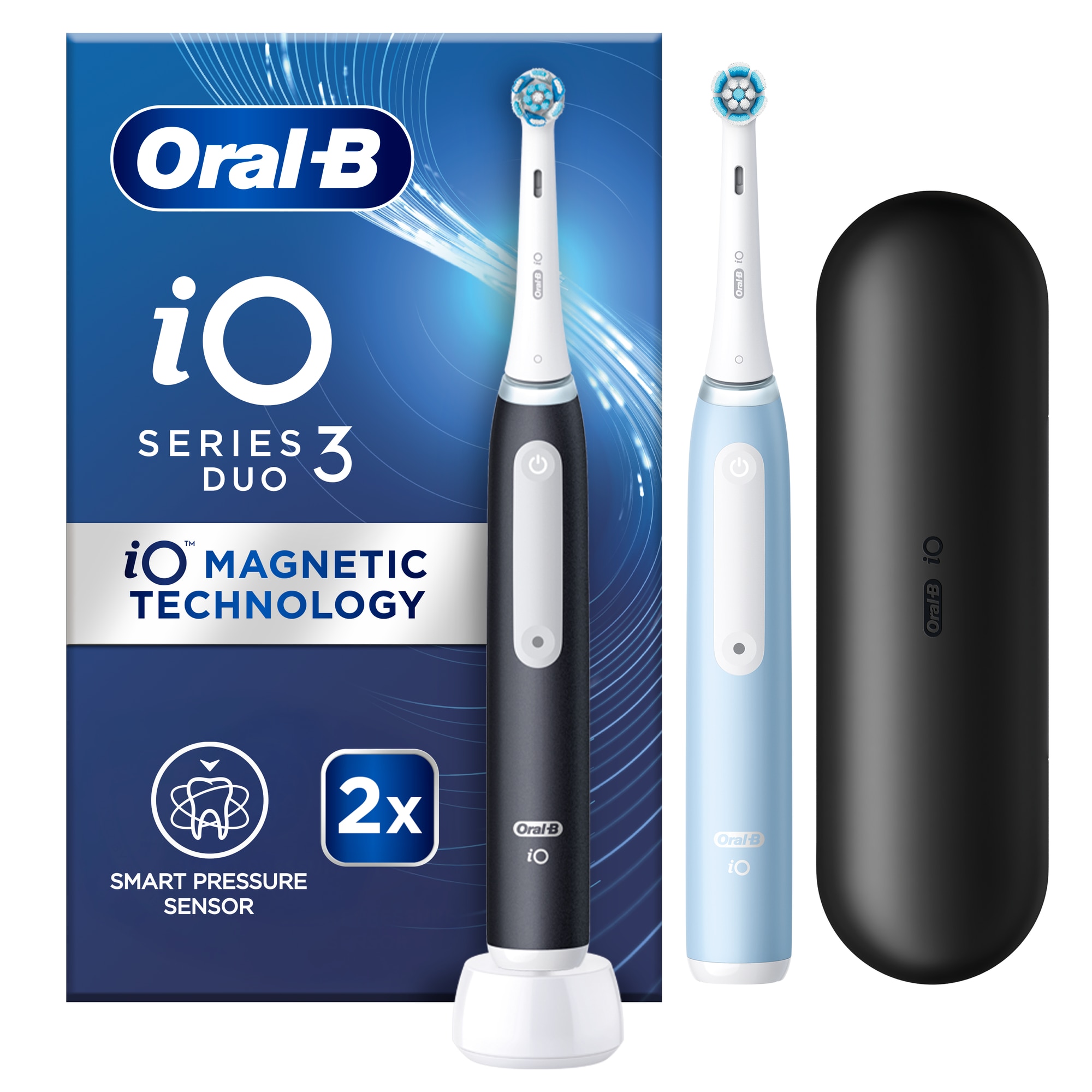 Set 2 x Periuta de dinti electrica Oral-B iO3 cu Tehnologie Magnetica si Micro-Vibratii, Senzor de presiune Smart, 3 moduri, 2 capete, Trusa de calatorie, Negru/Albastru