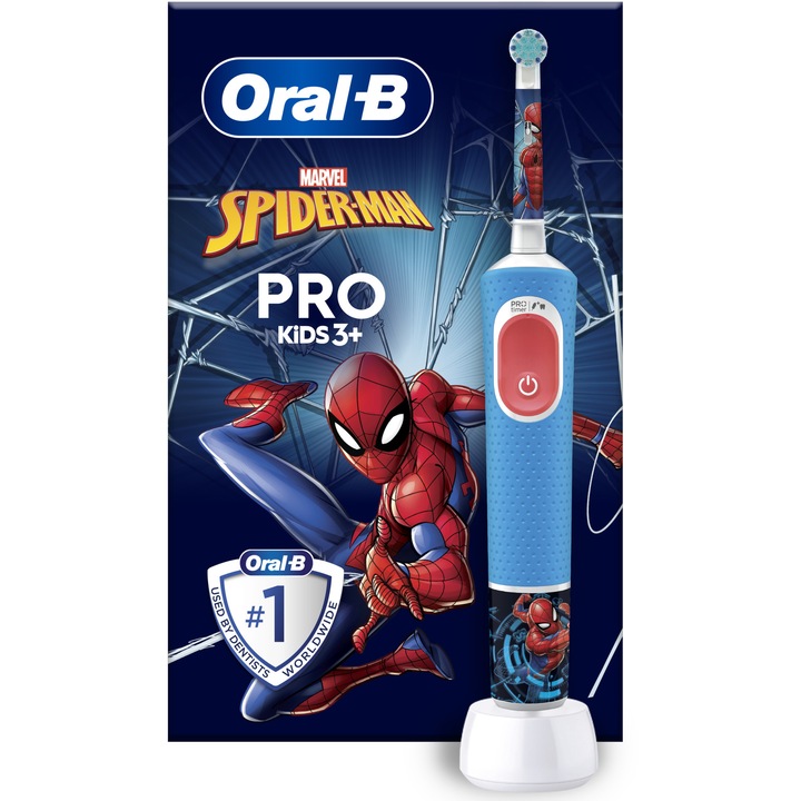 Детска електрическа четка за зъби Oral-B Pro Kids Spiderman, 2D почистване, 2 програми, 1 накрайник, 4 стикера, Син