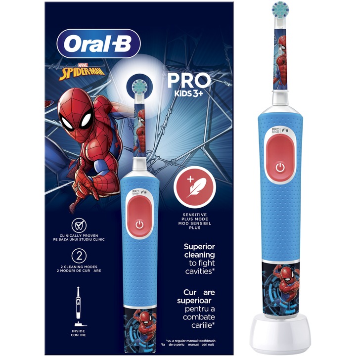 Oral-B Pro Kids Spiderman elektromos fogkefe gyerekeknek, 2D tisztítás, 2 program, 1 vég, 4 matrica, kék