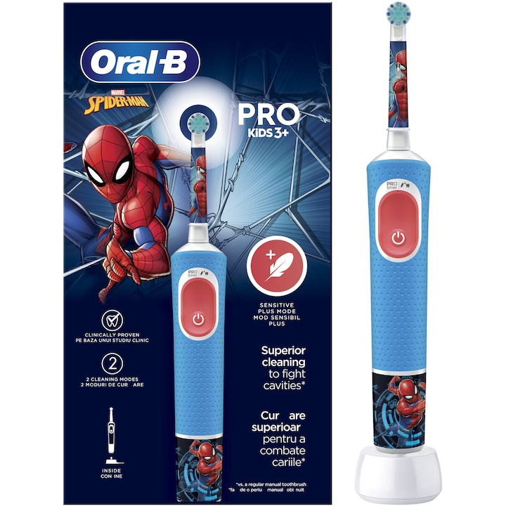 Oral-B Pro Kids Spiderman elektromos fogkefe gyerekeknek, 2D tisztítás, 2 program, 1 vég, 4 matrica, kék