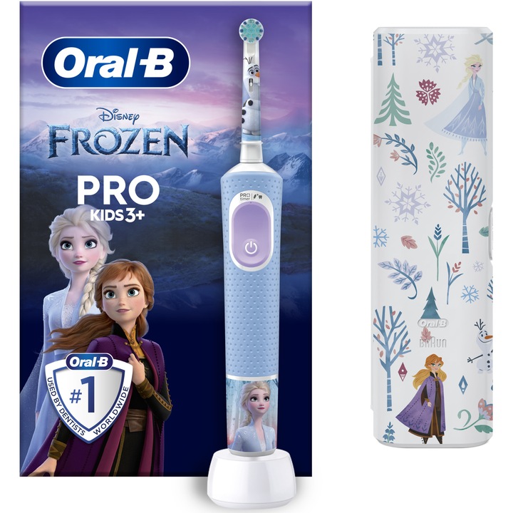 Periuta de dinti electrica Oral-B Pro Kids Frozen pentru copii, Curatare 2D, 2 programe, 1 capat, 4 autocolante, trusa de calatorie, Albastru