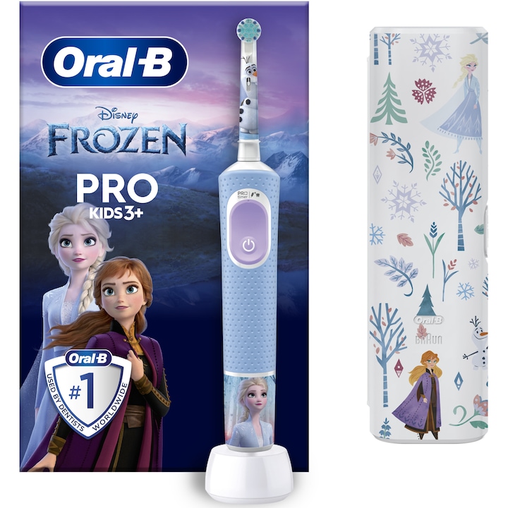 Детска електрическа четка за зъби Oral-B Pro Kids Frozen, 2D почистване, 2 програми, 1 накрайник, 4 стикера, Комплект за пътуване, Син