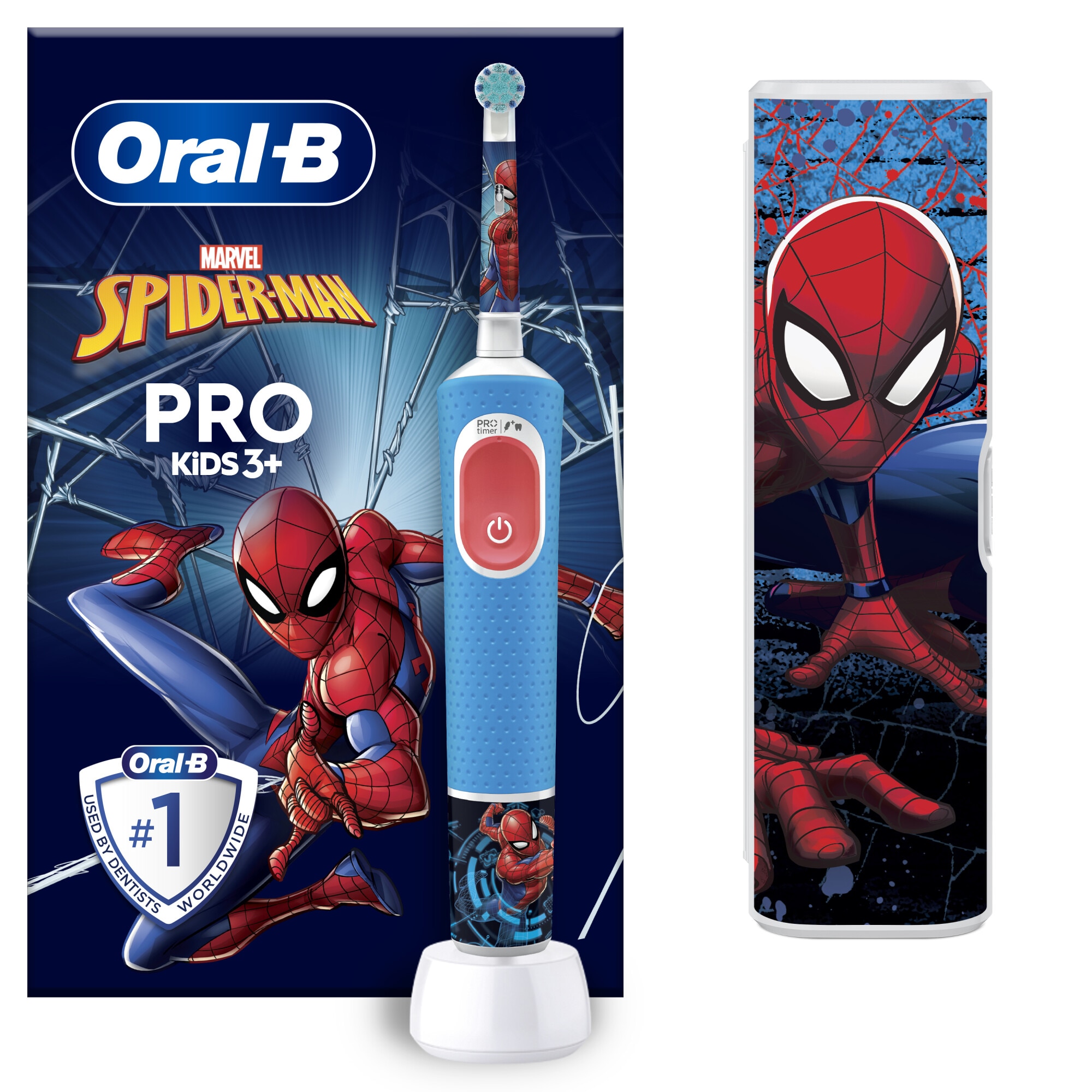 Periuta de dinti electrica Oral-B Pro Kids Spiderman pentru copii, , Curatare 2D, 2 programe, 1 capat, 4 autocolante, trusa de calatorie, Albastru