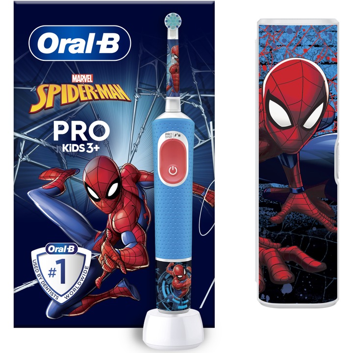 Periuta de dinti electrica Oral-B Pro Kids Spiderman pentru copii, , Curatare 2D, 2 programe, 1 capat, 4 autocolante, trusa de calatorie, Albastru