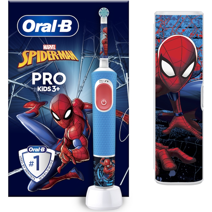 Детска електрическа четка за зъби Oral-B Pro Kids Spiderman, 2D почистване, 2 програми, 1 накрайник, 4 стикера, Комплект за пътуване, Син