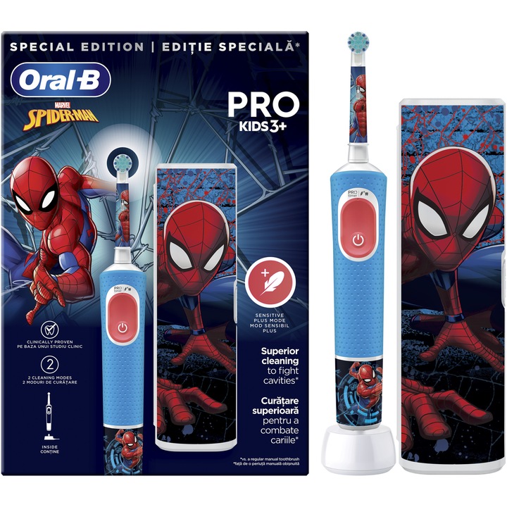 Periuta de dinti electrica Oral-B Pro Kids Spiderman pentru copii, , Curatare 2D, 2 programe, 1 capat, 4 autocolante, trusa de calatorie, Albastru